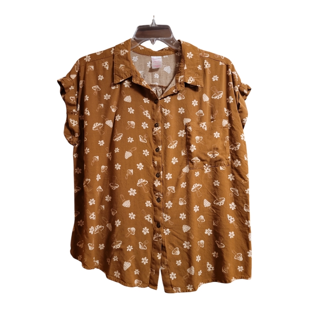 Nobo blouse light brown rolled sleeve buttons mushroom flower print XXXL Junior